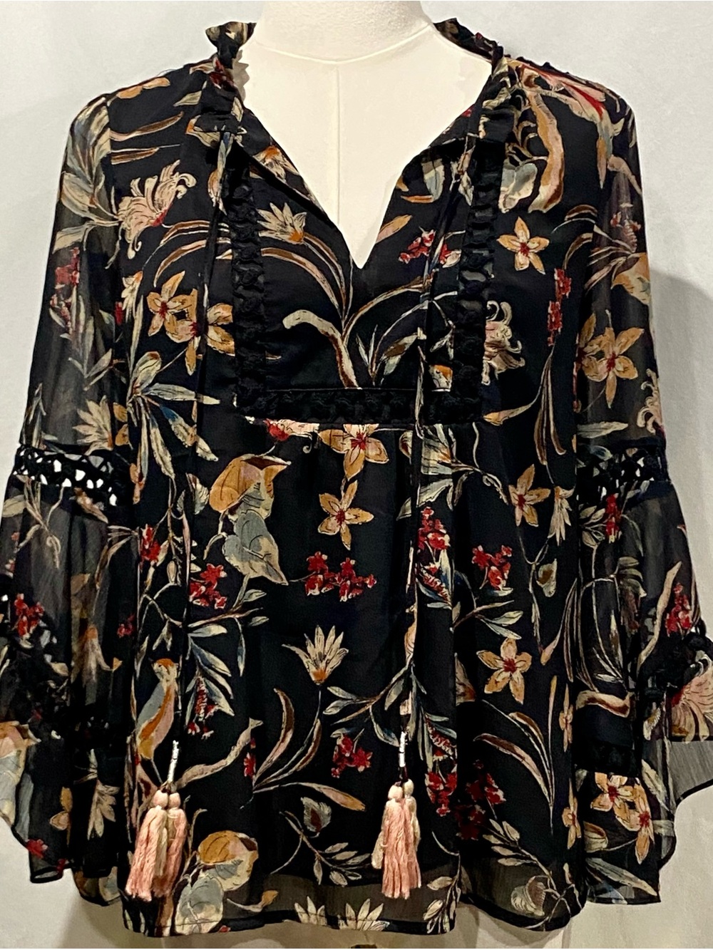 Maeve by Anthropologie Odette Black Sheer Floral Peasant Blouse with Tassels XS